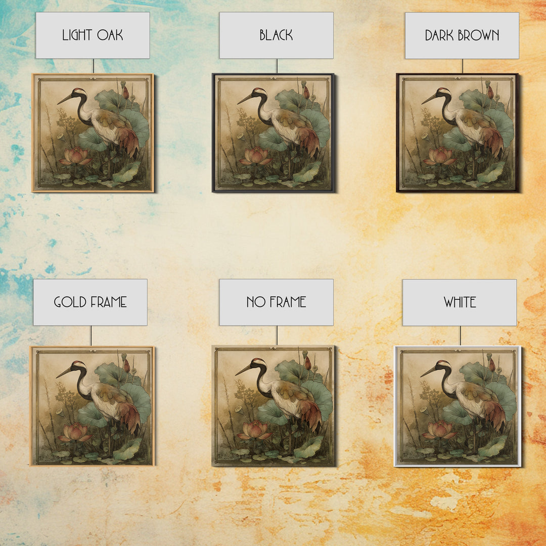 Crane and Lotus Composition Framed Canvas Print, Bird Art, Gallery Decor, Living Room Decor, Fine Art, Flight, Contemporary Art, BIR-1x1-41