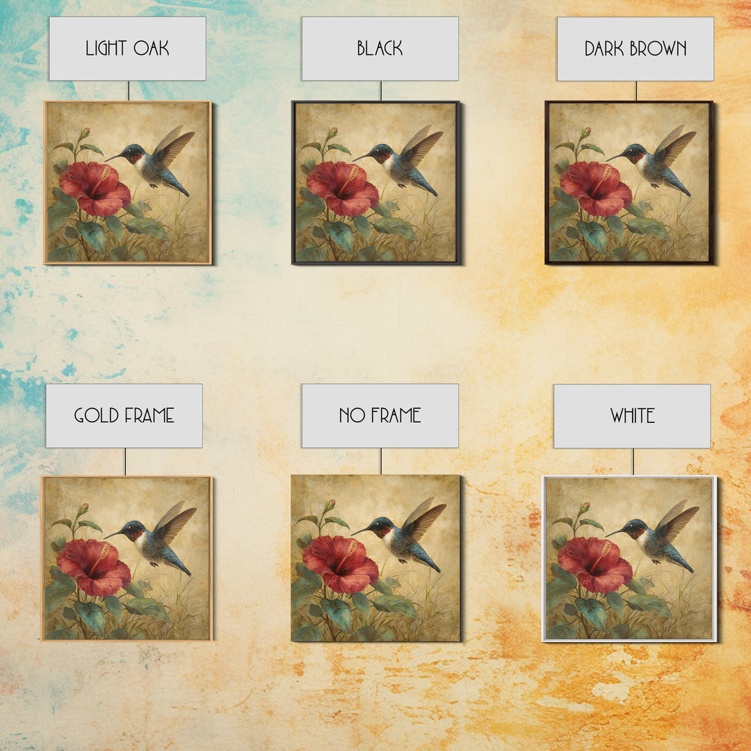 Hummingbird Hovering Beside Bright Hibiscus Framed Canvas Print, Bird Art, Gallery Wall, Living Room Decor, Fine Art, Flight, BIR-1x1-52