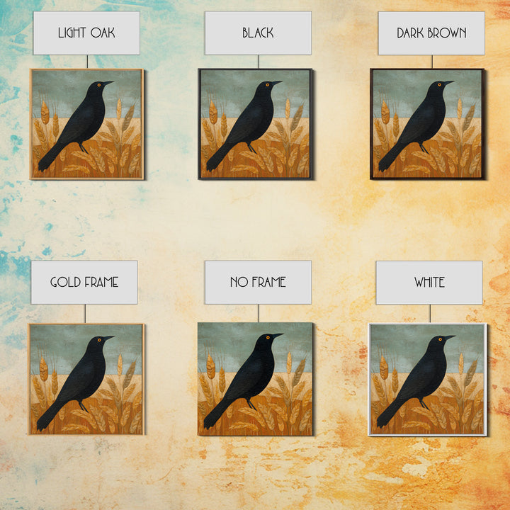 Blackbird on Gold Wheat Field Framed Canvas Print, Bird Art, Printable Wall Art, Living Room Decor, Fine Art, Flight, BIR-1x1-96