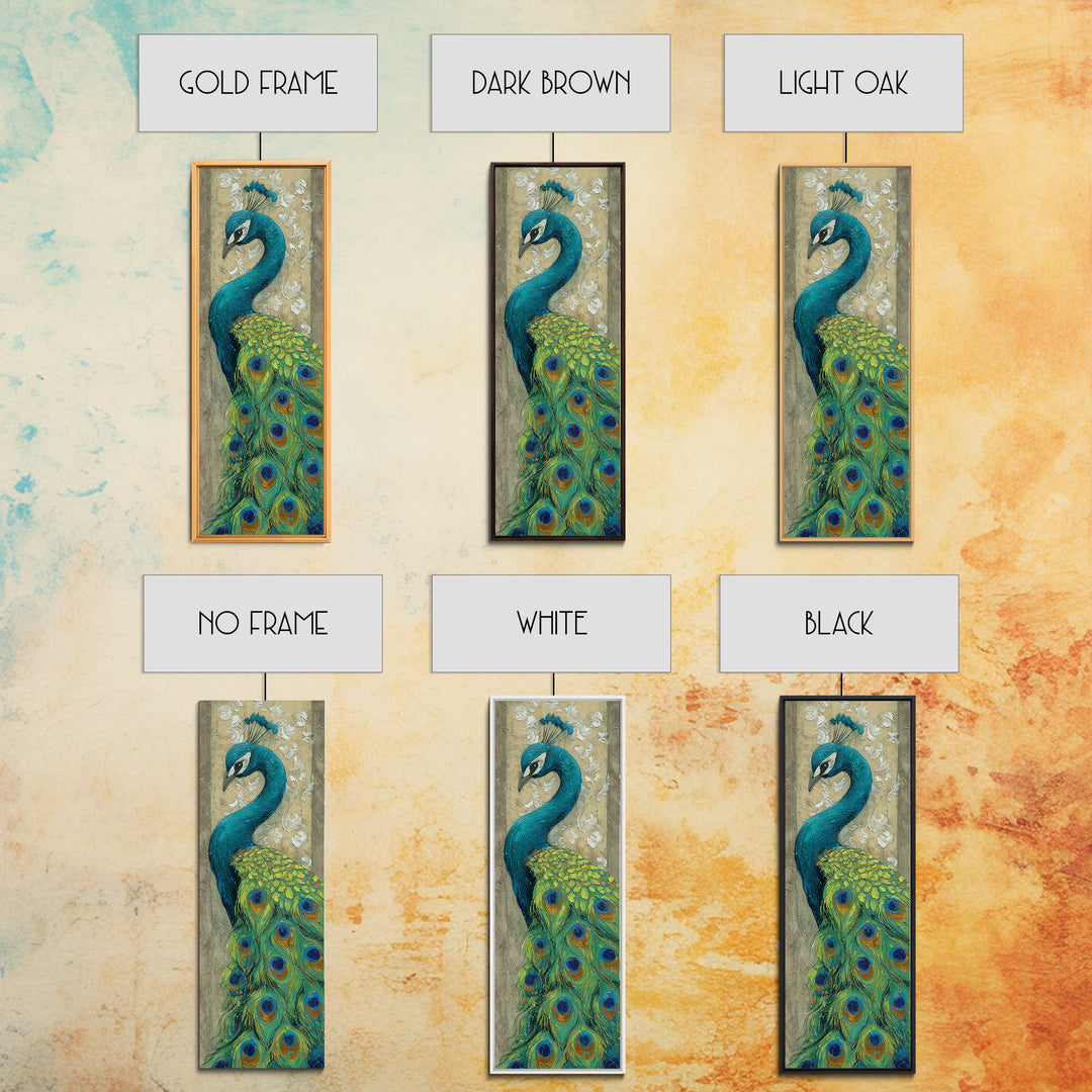 Peacock with Jewel Tone Feather Pattern Framed Canvas Print, Bird Art, Wall Decor, Living Room Decor, Fine Art, Flight, BIR-1x3-19