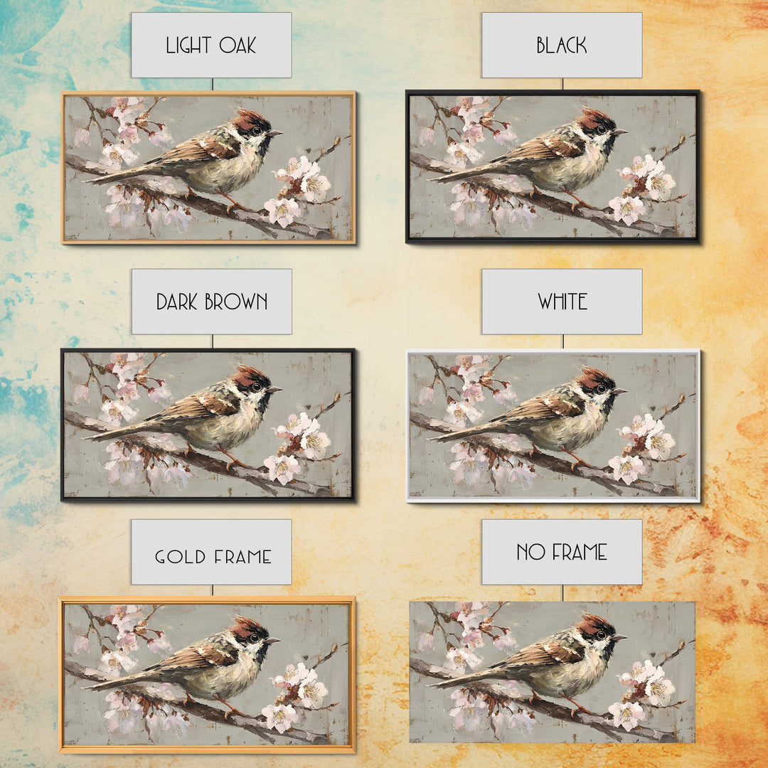 Songbird Perched on Cherry Blossoms Framed Canvas Print, Bird Art, Mid Century Wall Art, Living Room Decor, Fine Art, Flight, BIR-2x1-100