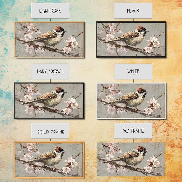 Songbird Perched on Cherry Blossoms Framed Canvas Print, Bird Art, Mid Century Wall Art, Living Room Decor, Fine Art, Flight, BIR-2x1-100