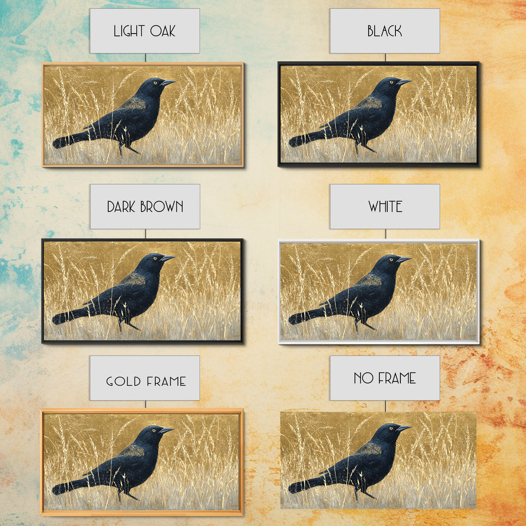 Blackbird on Gold Wheat Field Framed Canvas Print, Bird Art, Statement Artwork, Living Room Decor, Flight, Digital Prints, BIR-2x1-20