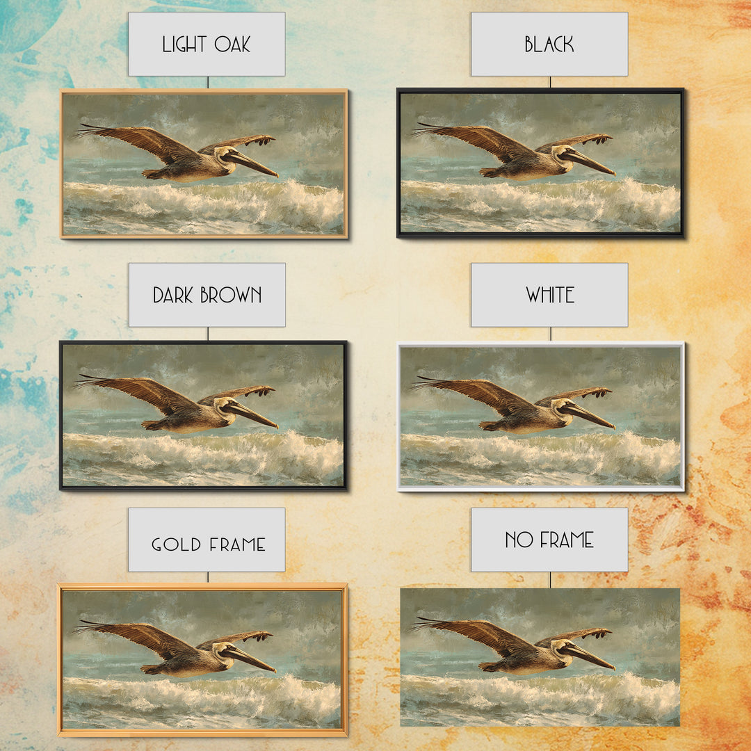 Pelican Flying over Coastal Waves Canvas Print, Bird Art, Room Decor, Living Room Decor, Oil Painting, Flight, Digital Print, BIR-2x1-62