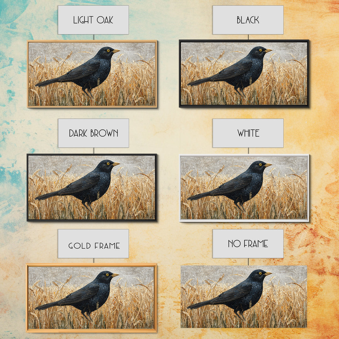 Blackbird on Gold Wheat Field Canvas Print, Bird Art, Digital Print, Living Room Decor, Watercolor Art, Flight, Bird Prints, BIR-2x1-68