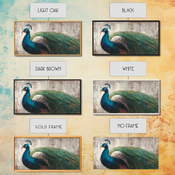 Peacock with Jewel Tone Feather Pattern Framed Canvas Print, Bird Art, Boho Decor, Living Room Decor, Fine Art, Flight, BIR-2x1-75