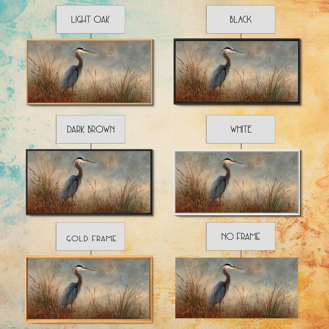Blue Heron in Misty Marsh Grass Canvas Print, Bird Art, Digital Prints, Living Room Decor, Fine Art, Flight, Modern Art, BIR-2x1-94