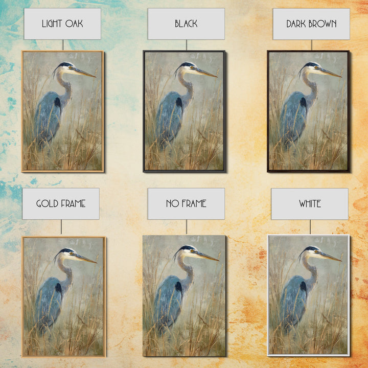 Blue Heron in Misty Marsh Grass Canvas Print, Bird Art, Luxury Decor, Living Room Decor, Flight, Art Deco, Original Art, BIR-2x3-10