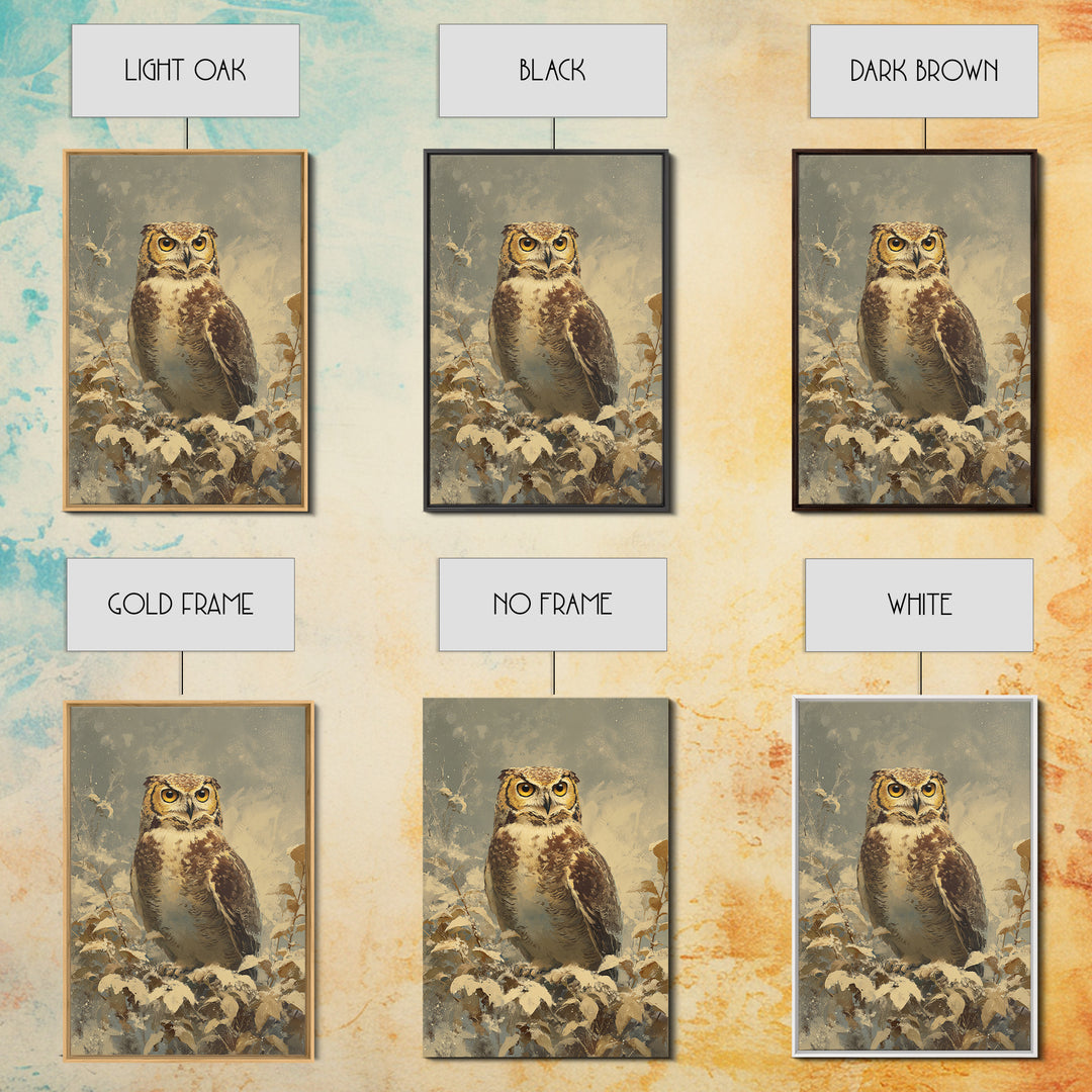 Owl Portrait with Wise Golden Eyes Framed Canvas Print, Bird Art, Digital Prints, Living Room Decor, Fine Art, Flight, BIR-2x3-13