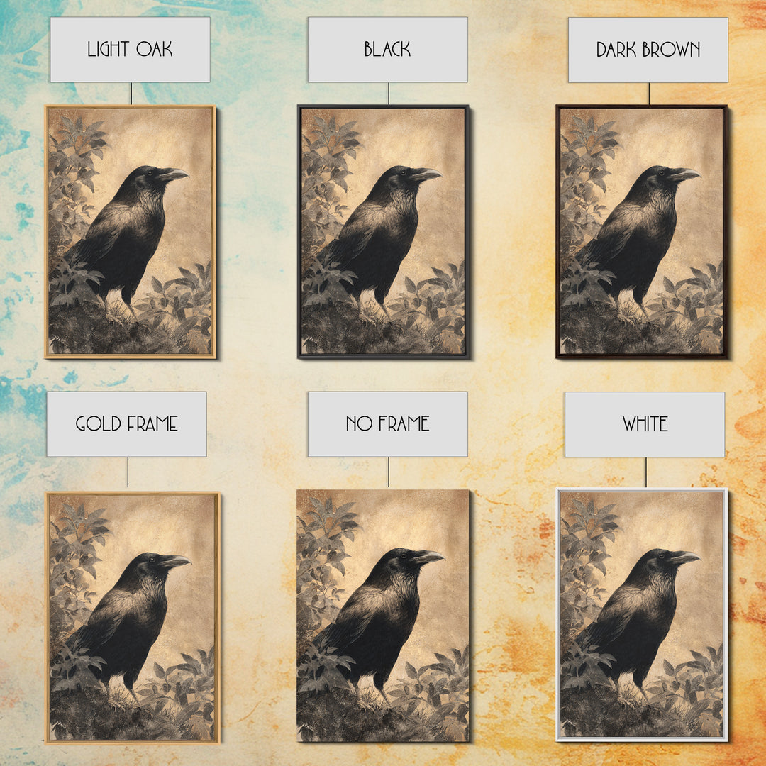 Raven Silhouette with Gothic Atmosphere Framed Canvas Print, Bird Art, Living Room Decor, Abstract Art, Flight, BIR-2x3-17