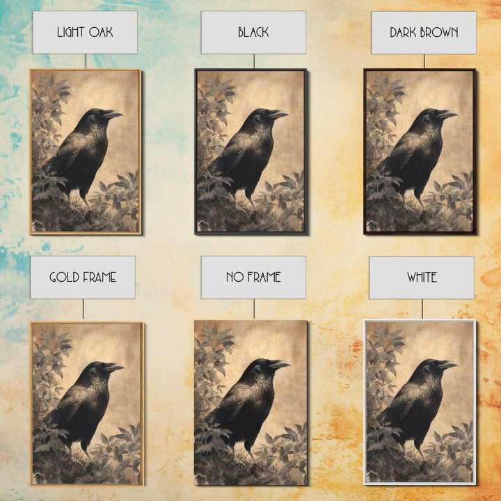 Raven Silhouette with Gothic Atmosphere Framed Canvas Print, Bird Art, Living Room Decor, Abstract Art, Flight, BIR-2x3-17