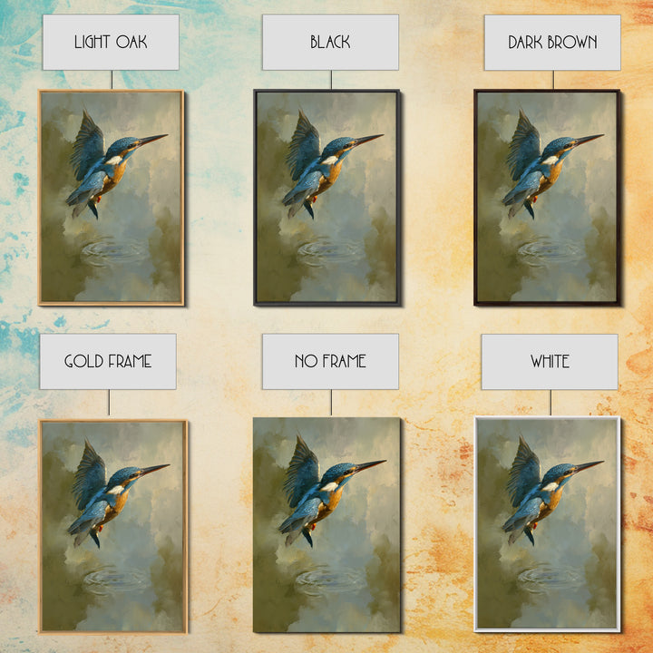 Kingfisher Diving Toward Blue Water Framed Canvas Print, Bird Art, Neutral Decor, Living Room Decor, Fine Art, Flight, BIR-2x3-19