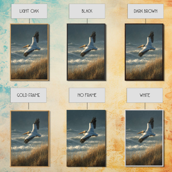 Pelican Flying over Coastal Waves Framed Canvas Print, Bird Art, Boho Decor, Living Room Decor, Abstract Art, Flight, BIR-2x3-2