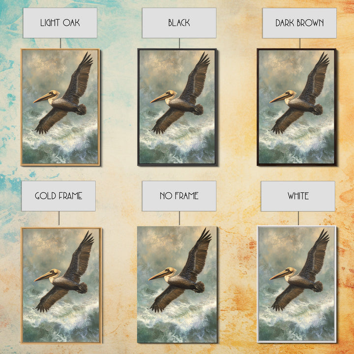 Pelican Flying over Coastal Waves Framed Canvas Print, Bird Art, Boho Decor, Living Room Decor, Abstract Art, Flight, BIR-2x3-26