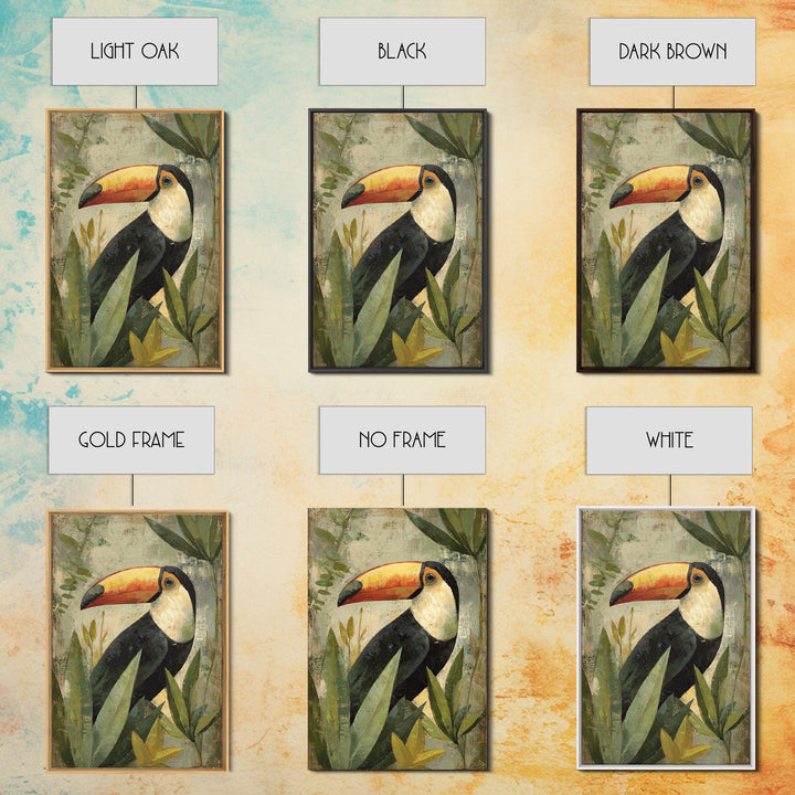 Toucan Framed by Bold Jungle Foliage Canvas Print, Bird Art, Statement Artwork, Living Room Decor, Flight, Digital Prints, BIR-2x3-31