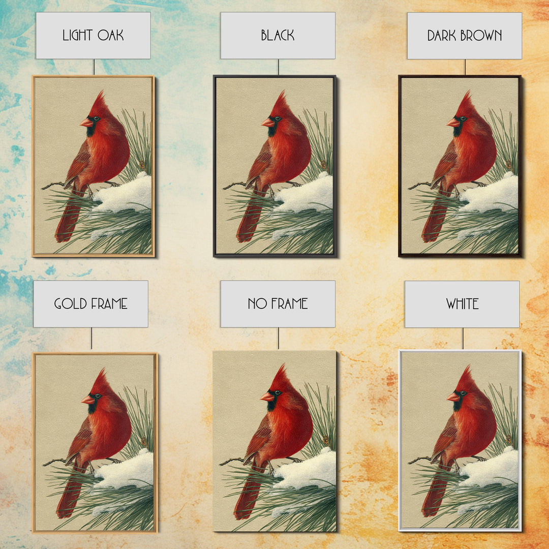 Red Cardinal on Snowy Pine Branch Framed Canvas Print, Bird Art, Digital Print, Living Room Decor, Flight, Bird Prints, BIR-2x3-33