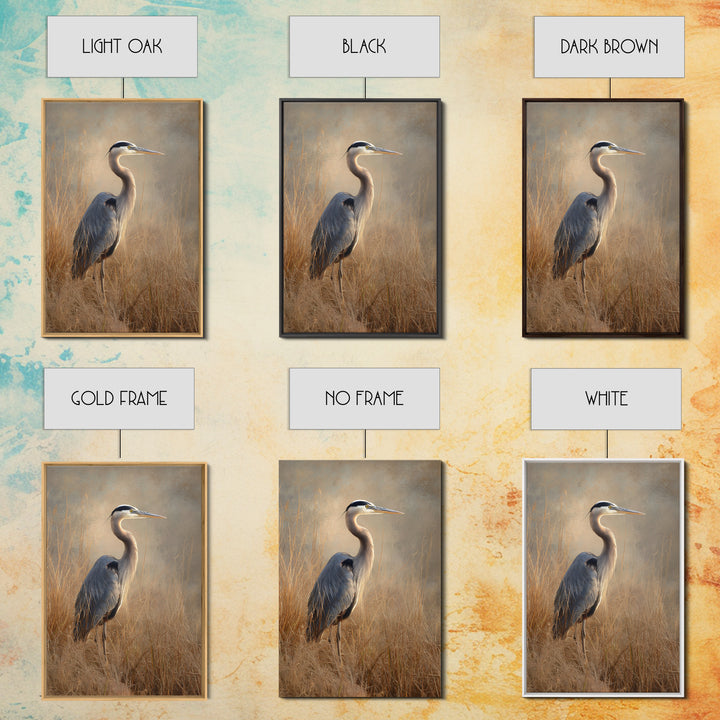 Blue Heron in Misty Marsh Grass Framed Canvas Print, Bird Art, Contemporary Art, Living Room Decor, Fine Art, Flight, BIR-2x3-34