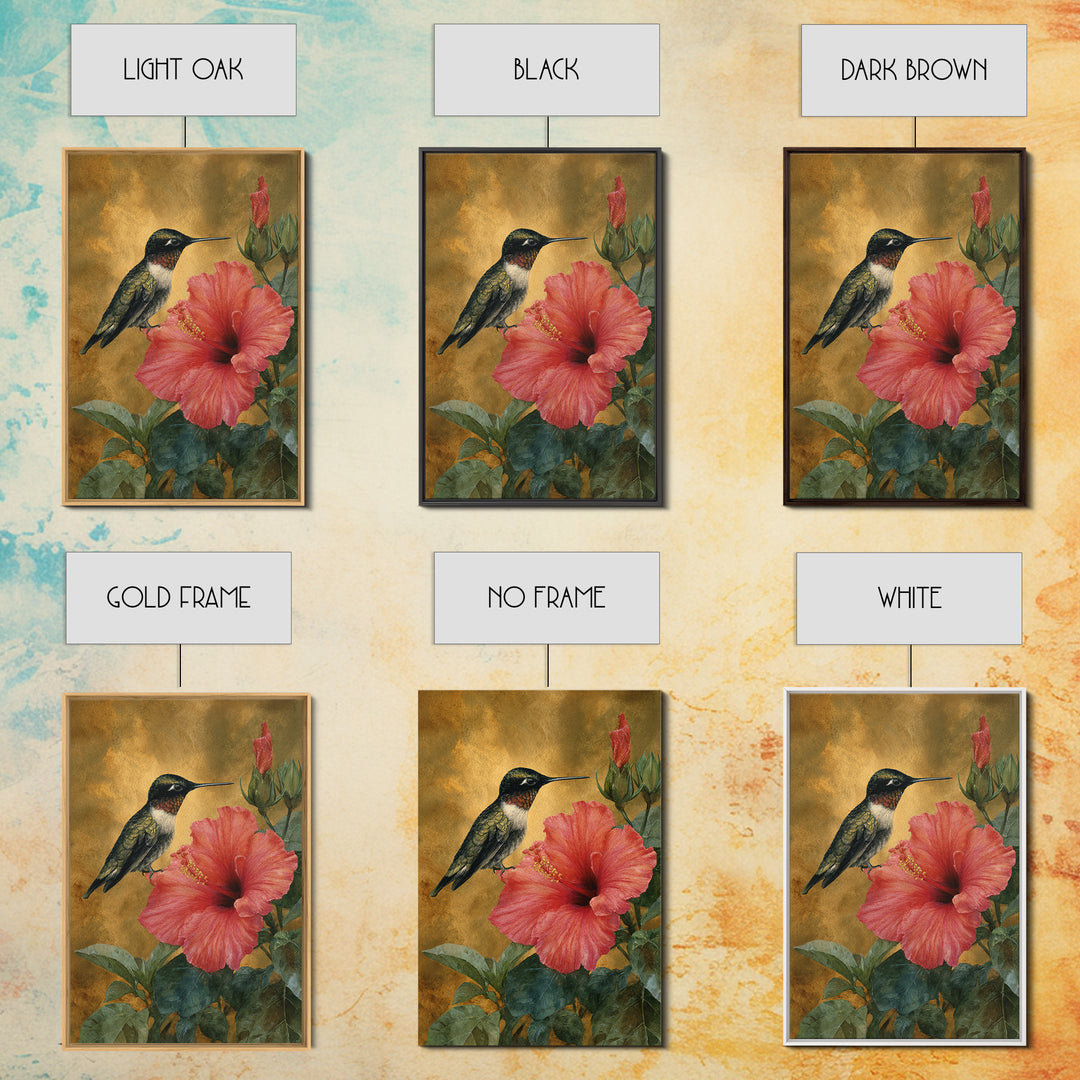 Hummingbird Hovering Beside Bright Hibiscus Canvas Print, Bird Art, Mid Century Wall Art, Living Room Decor, Flight, BIR-2x3-36