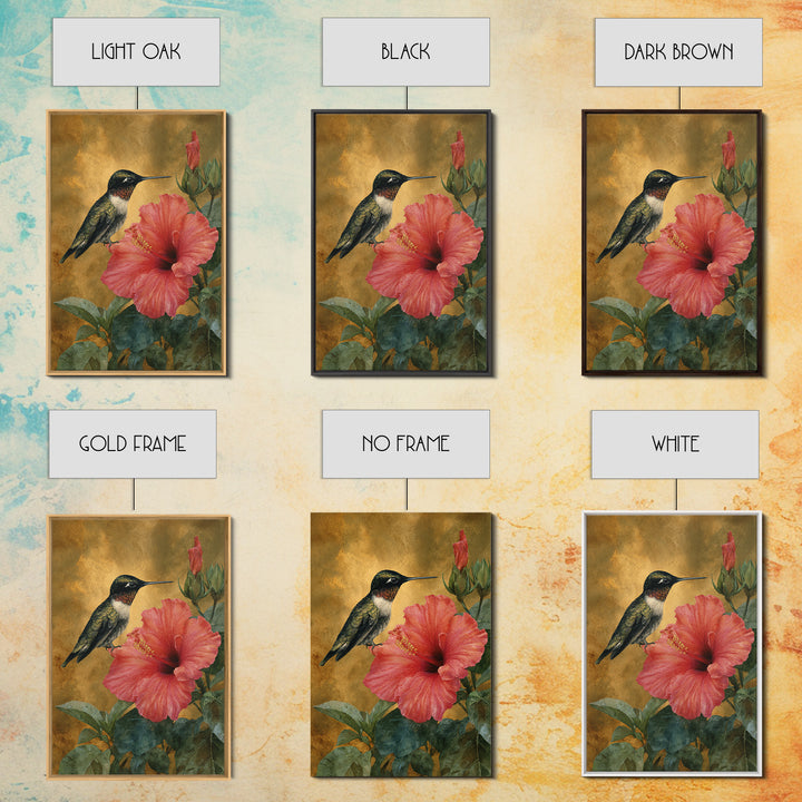 Hummingbird Hovering Beside Bright Hibiscus Canvas Print, Bird Art, Mid Century Wall Art, Living Room Decor, Flight, BIR-2x3-36
