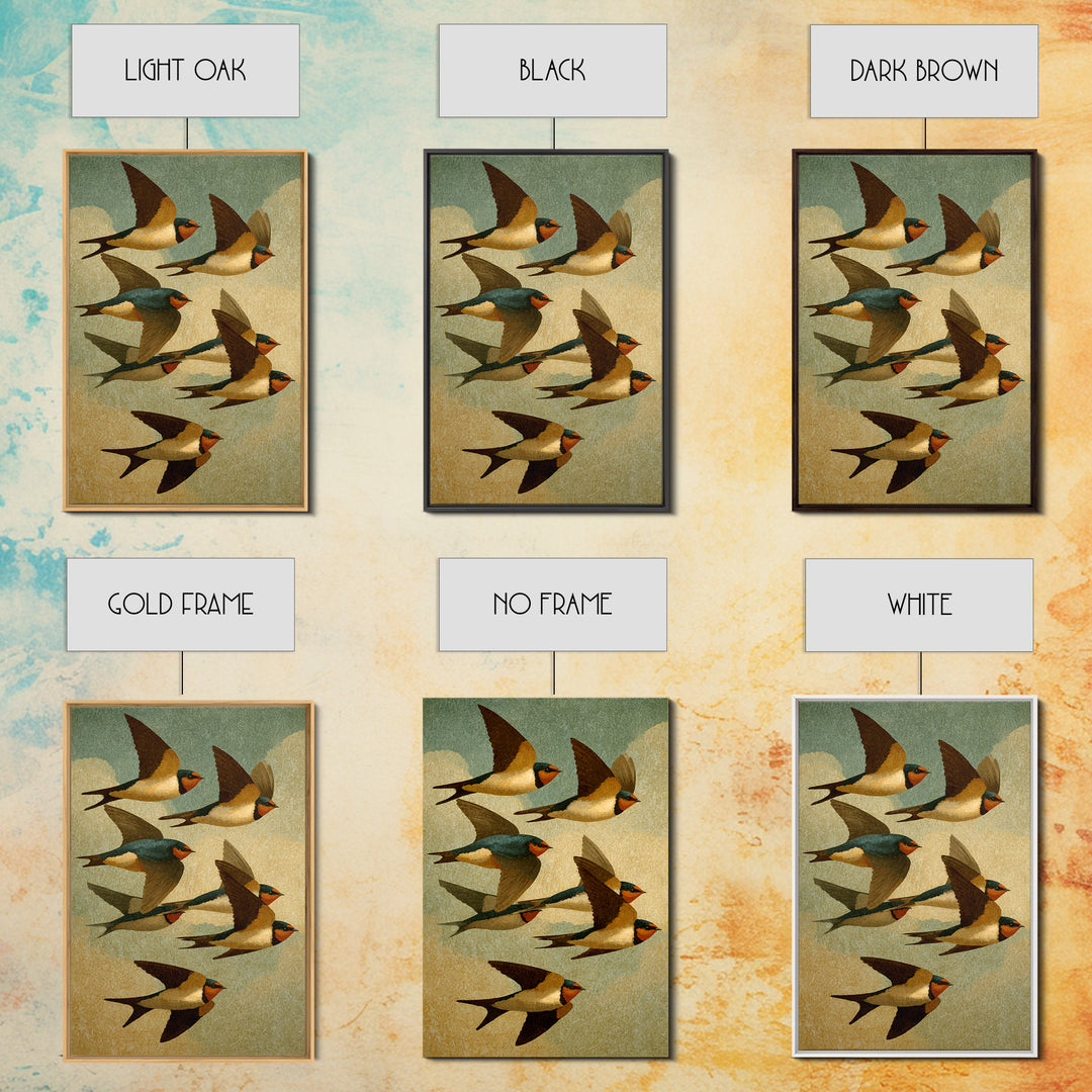 Flock of Swallows Sweeping Across Open Sky Framed Canvas Print, Bird Art, Wall Art, Living Room Decor, Fine Art, Flight, BIR-2x3-38