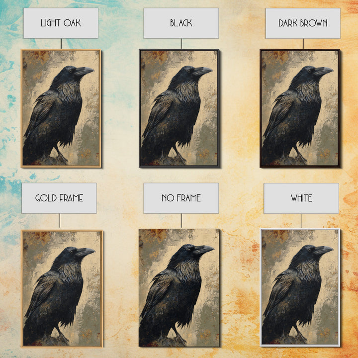 Raven Silhouette with Gothic Atmosphere Framed Canvas Print, Bird Art, Living Room Decor, Abstract Art, Flight, BIR-2x3-41