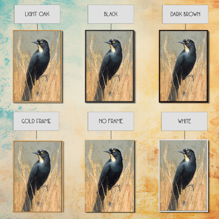 Blackbird on Gold Wheat Field Framed Canvas Print, Bird Art, Neutral Decor, Living Room Decor, Abstract Art, Flight, Wall Art, BIR-2x3-56