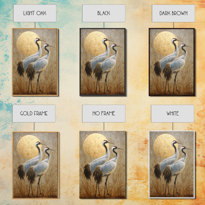 Pair of Cranes Dancing Framed Canvas Print, Bird Art, Digital Prints, Living Room Decor, Oil Painting, Flight, Modern Art, BIR-2x3-59