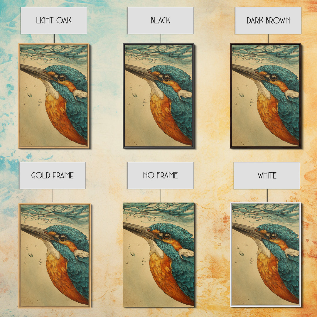 Kingfisher Diving Toward Blue Water Canvas Print, Bird Art, Mid Century Modern, Living Room Decor, Flight, Botanical Wall Art, BIR-2x3-67