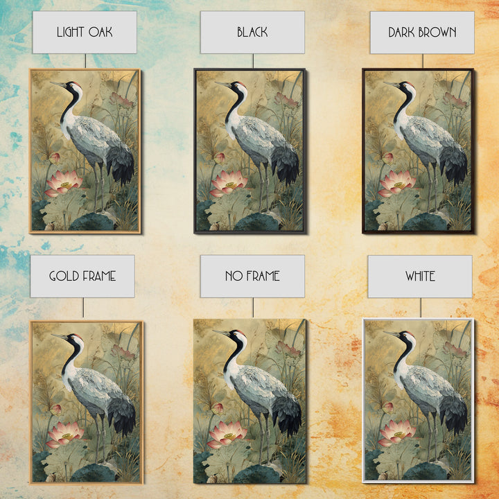 Crane and Lotus Composition Framed Canvas Print, Bird Art, Watercolor Painting, Living Room Decor, Flight, Living Room Art, BIR-2x3-73