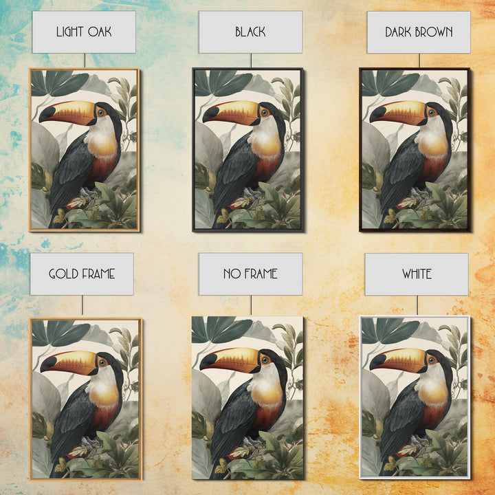 Toucan Framed by Bold Jungle Foliage Canvas Print, Bird Art, Wall Decor, Living Room Decor, Fine Art, Flight, Boho Wall Decor, BIR-2x3-79