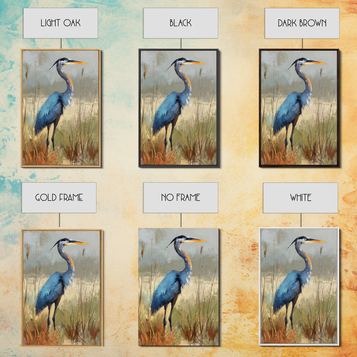 Blue Heron in Misty Marsh Grass Canvas Print, Bird Art, Mid Century Modern, Living Room Decor, Flight, Botanical Wall Art, BIR-2x3-82