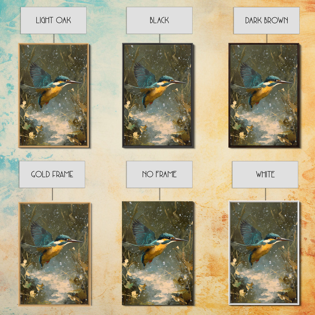 Kingfisher Diving Toward Blue Water Canvas Print, Bird Art, Modern Art, Living Room Decor, Fine Art, Flight, Floral Art, BIR-2x3-91