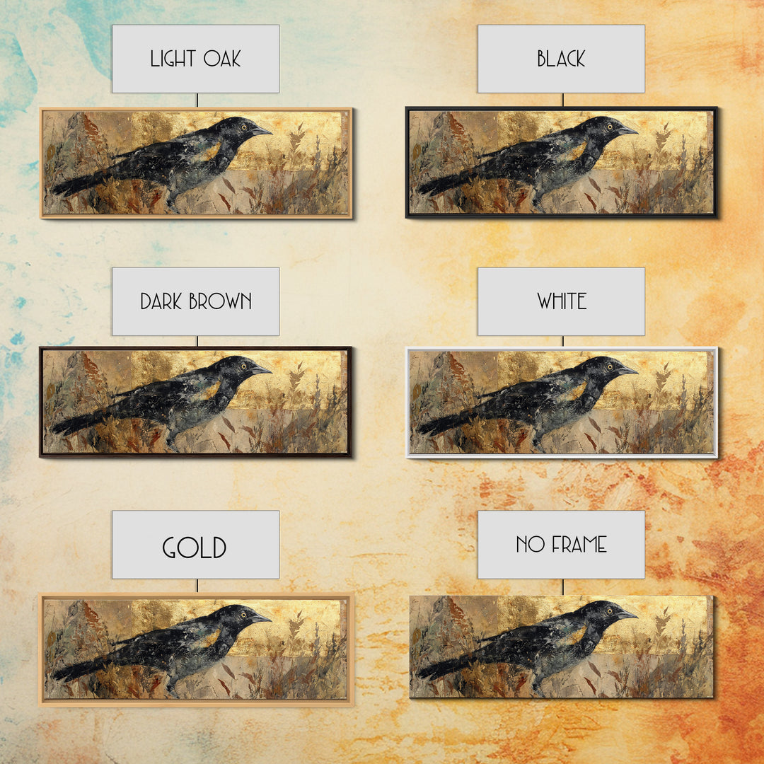 Blackbird on Gold Wheat Field Canvas Print, Bird Art, Mcm Decor, Living Room Decor, Flight, Neutral Decor, Modern Decor, BIR-3x1-16