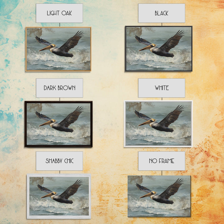 Pelican Flying over Coastal Waves Framed Canvas Print, Bird Art, Boho Wall Decor, Living Room Decor, Fine Art, Flight, BIR-3x2-70