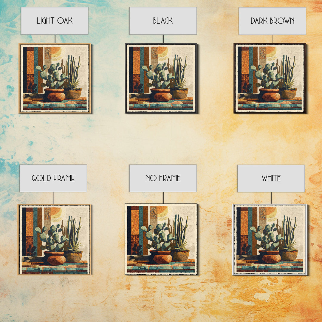 Desert Sun with Cactus and Warm Clay Framed Canvas Print, Boho Art, Textured Painting, Living Room Decor, Fine Art, Bohemian, BOH-1x1-1
