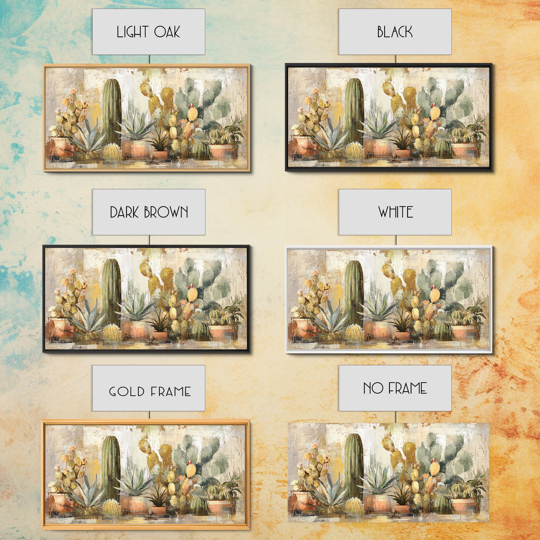 Warm Neutral Cactus Garden Illustration Framed Canvas Print, Boho Art, Living Room Decor, Watercolor Art, Bohemian, BOH-2x1-14