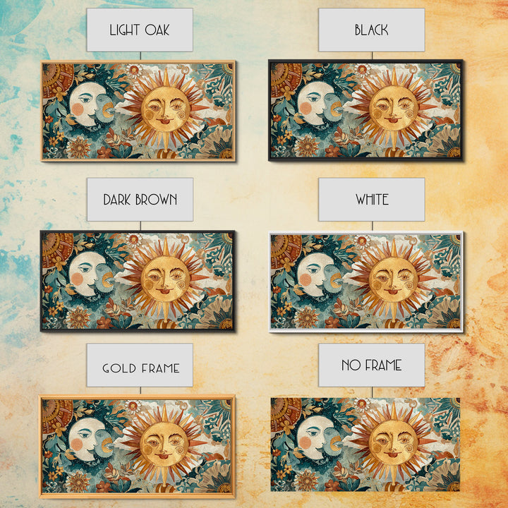 Sun and Moon Celestial Folk Motif Canvas Print, Boho Art, Printable Wall Art, Living Room Decor, Bohemian, Abstract Wall Art, BOH-2x1-54