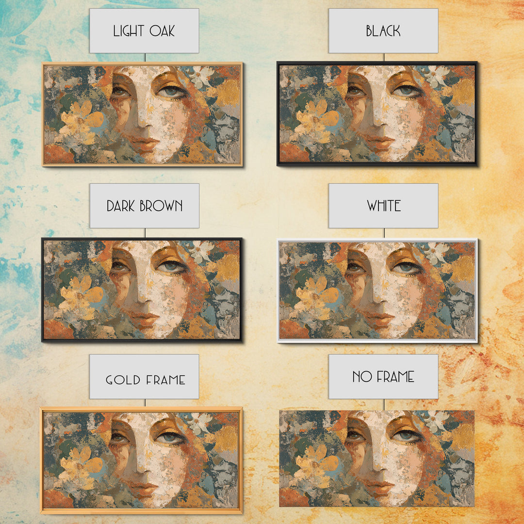 Abstract Female Face Framed Canvas Print, Boho Art, Digital Wall Art, Living Room Decor, Watercolor Art, Bohemian, Garden Art, BOH-2x1-72