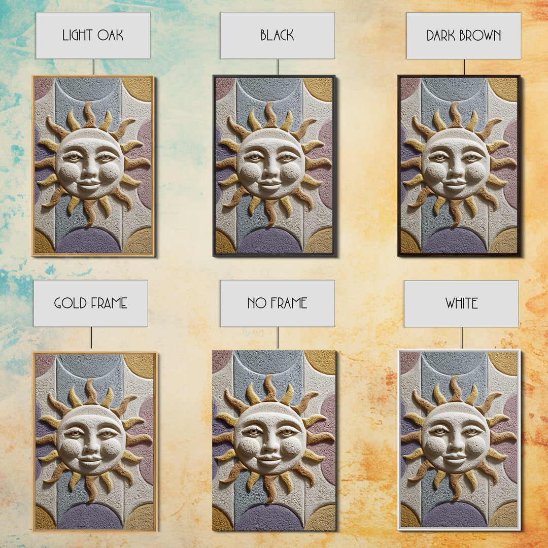 Sun and Moon Celestial Folk Motif Framed Canvas Print, Boho Art, Digital Art, Living Room Decor, Watercolor Art, Bohemian, BOH-2x3-18