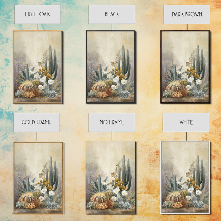 Warm Neutral Cactus Garden Illustration Framed Canvas Print, Boho Art, Wall Decor, Living Room Decor, Fine Art, Bohemian, BOH-2x3-2