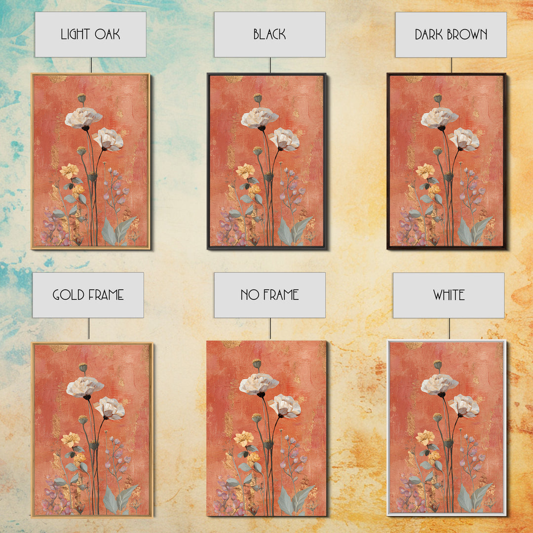 Burnt Orange Floral Field at Sunset Framed Canvas Print, Boho Art, Wallart, Living Room Decor, Bohemian, Living Room Wall Art, BOH-2x3-21