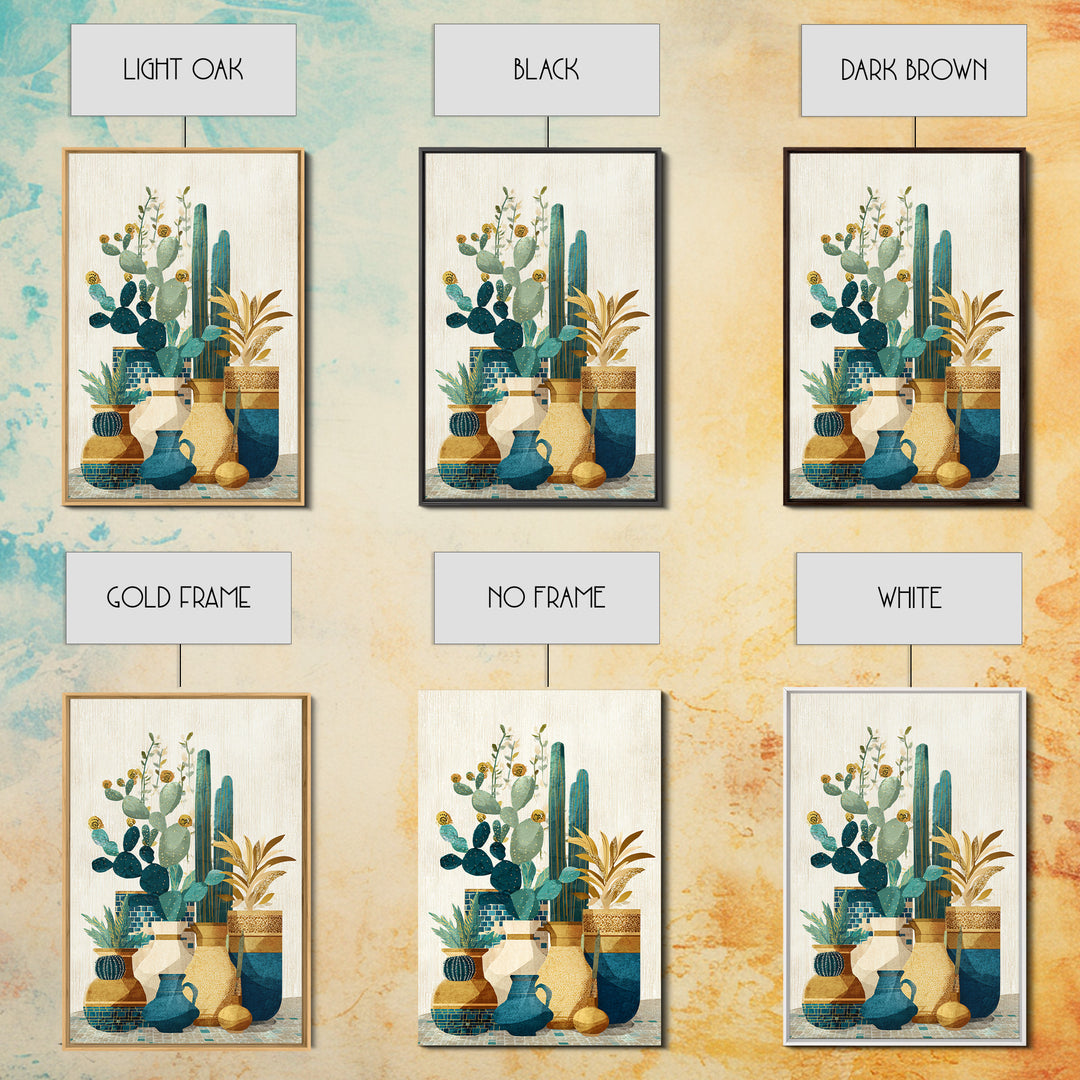 Warm Neutral Cactus Garden Illustration Framed Canvas Print, Boho Art, Wall Decor, Living Room Decor, Fine Art, Bohemian, BOH-2x3-26