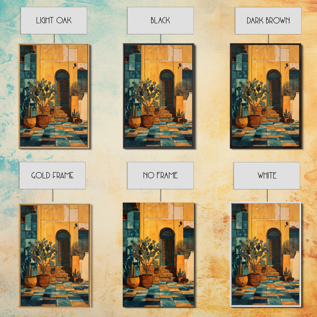 Desert Sun with Cactus and Warm Clay Framed Canvas Print, Boho Art, Garden Art, Living Room Decor, Watercolor Art, Bohemian, BOH-2x3-33
