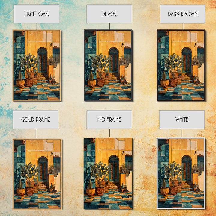 Desert Sun with Cactus and Warm Clay Framed Canvas Print, Boho Art, Garden Art, Living Room Decor, Watercolor Art, Bohemian, BOH-2x3-33
