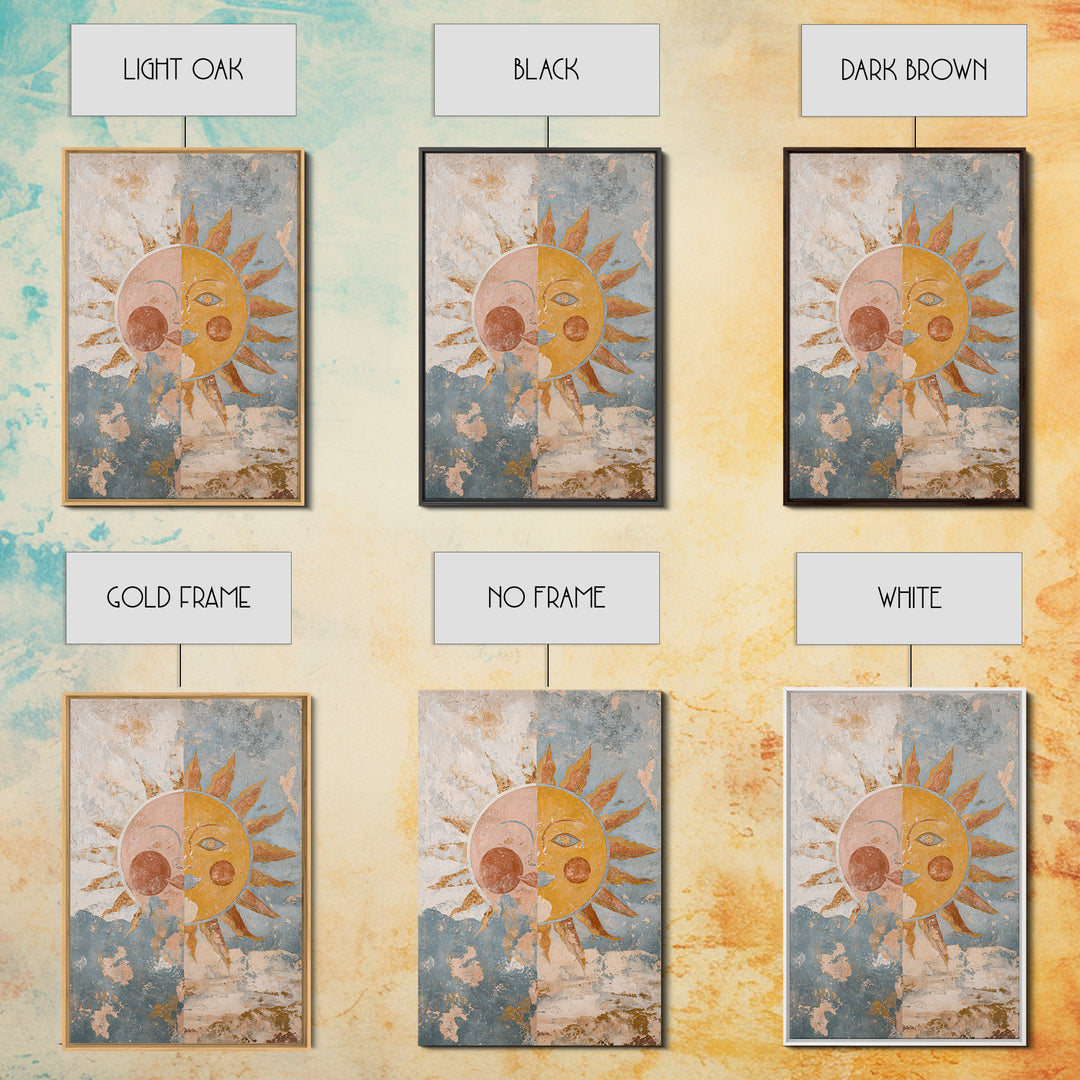 Sun and Moon Celestial Folk Motif Framed Canvas Print, Boho Art, Digital Print, Living Room Decor, Fine Art, Bohemian, BOH-2x3-90