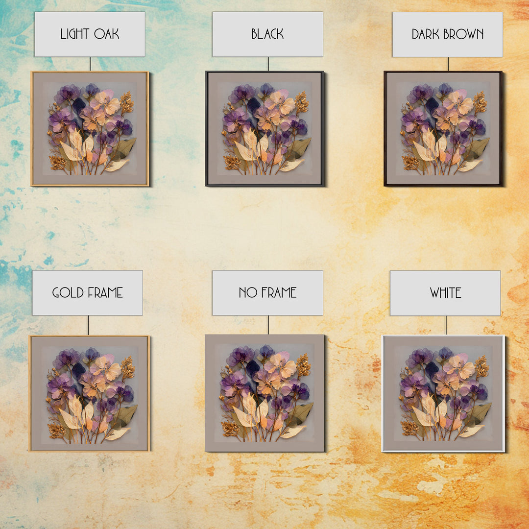 Pressed Flower Collage Framed Canvas Print, Botanical Art, Digital Print, Living Room Decor, Watercolor Art, Botanic, BOT-1x1-52