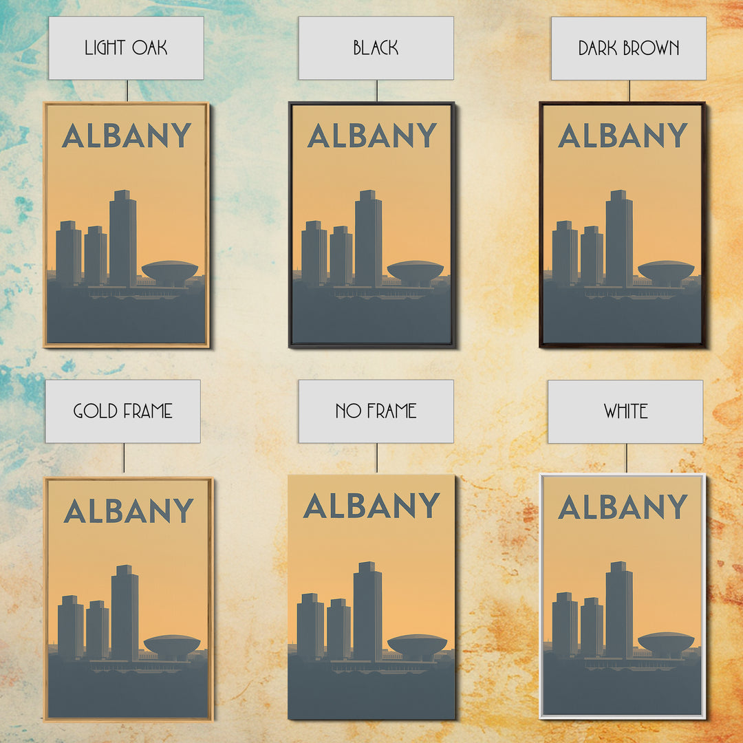 Albany New York Travel Poster, Framed Canvas Print, Sunset Skyline Wall Art, Albany Poster Print, Retro Travel Print, Living Room Wall Art