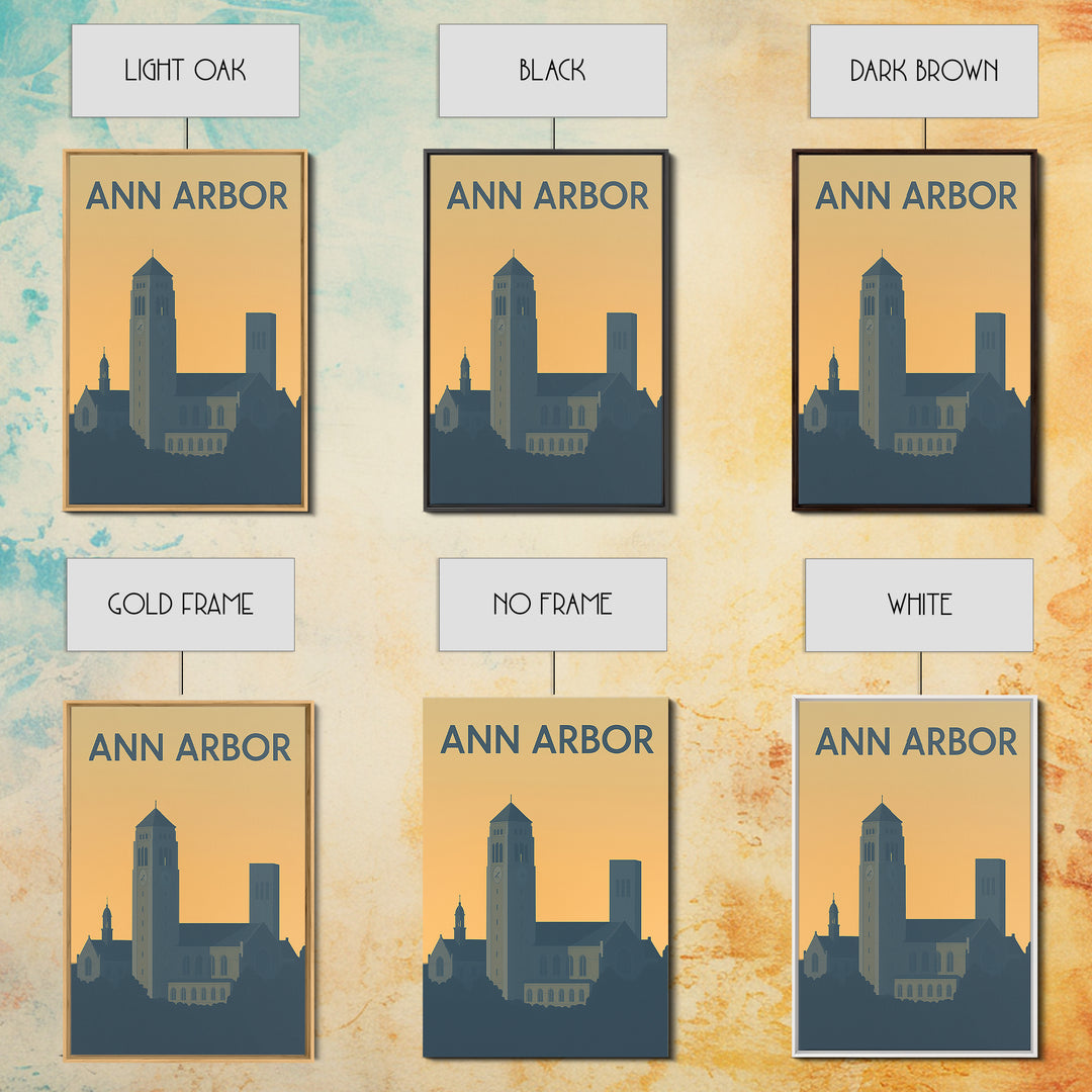 Ann Arbor Travel Poster, Framed Canvas Print, Sunset Skyline Wall Art, Ann Arbor Wall Art, Travel Wall Art, City Illustration, Wall Art