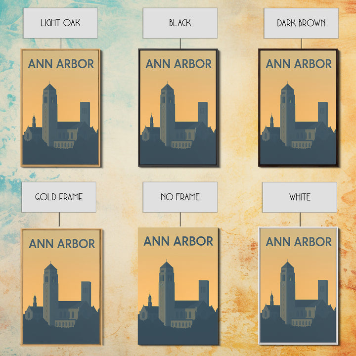 Ann Arbor Travel Poster, Framed Canvas Print, Sunset Skyline Wall Art, Ann Arbor Wall Art, Travel Wall Art, City Illustration, Wall Art