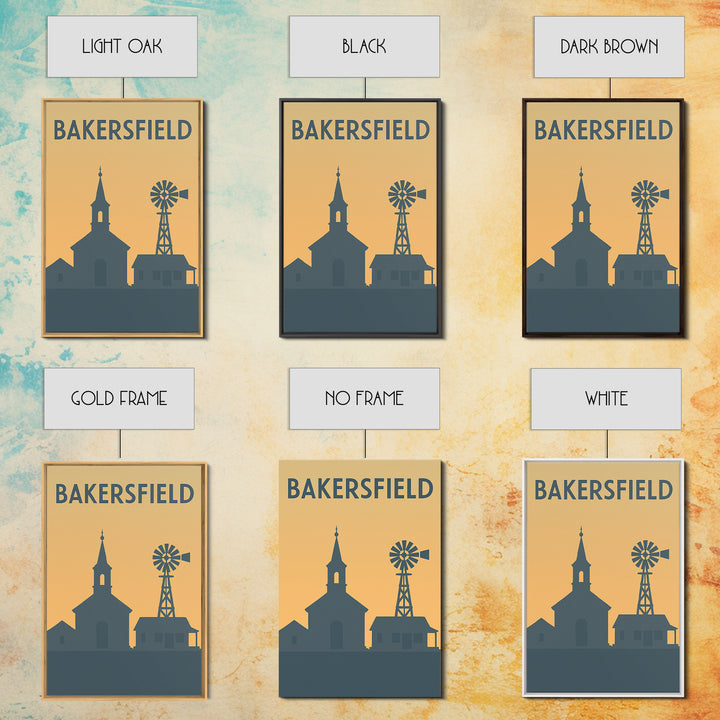 Bakersfield Travel Poster, Framed Canvas Print, Sunset Skyline Wall Art, Bakersfield Wall Art, Wanderlust Decor, Travel Wall Decor